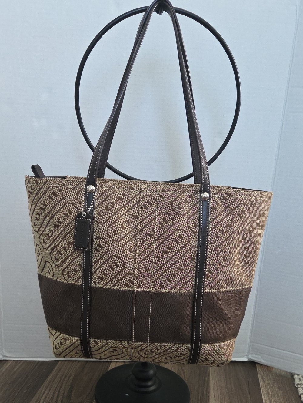 Coach Y2K Signature Stripe Lozenge Tote F12252 Brown Jacquard Leather